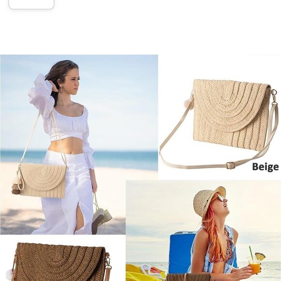 Straw Clutch Purse Summer Beach Clutch with Pompoms Woven Crossbody Shoulder Bag - Picture 1 of 4